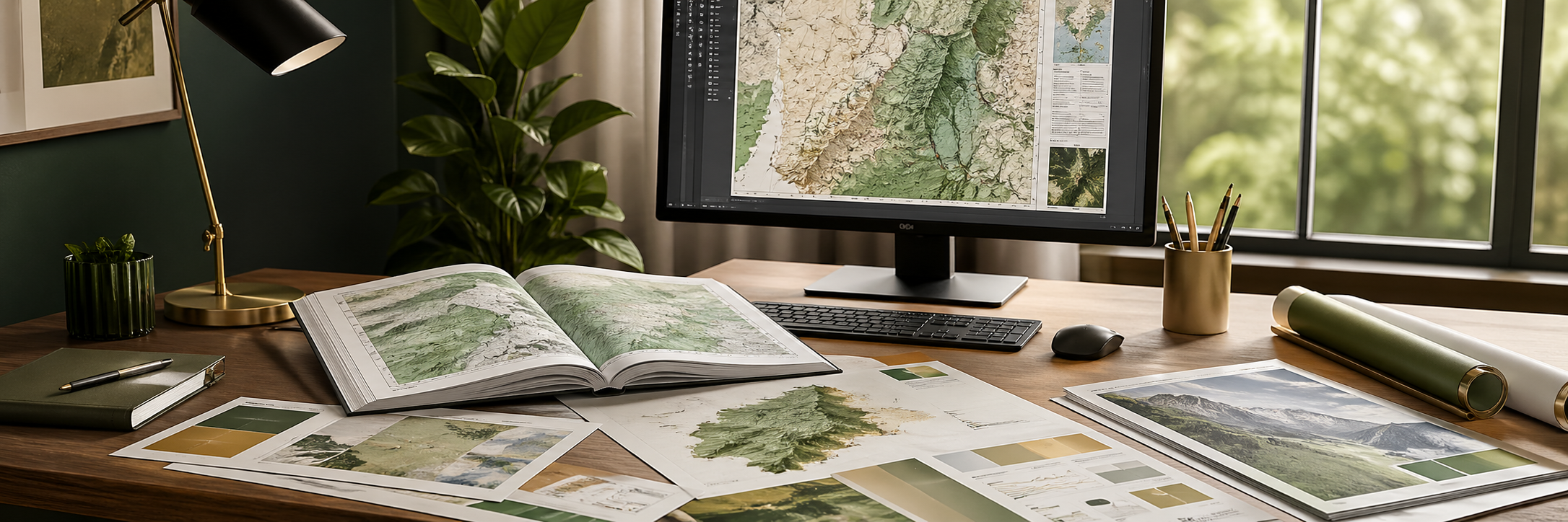 Arbeitsplatz mit QGIS-Karten und Fachunterlagen