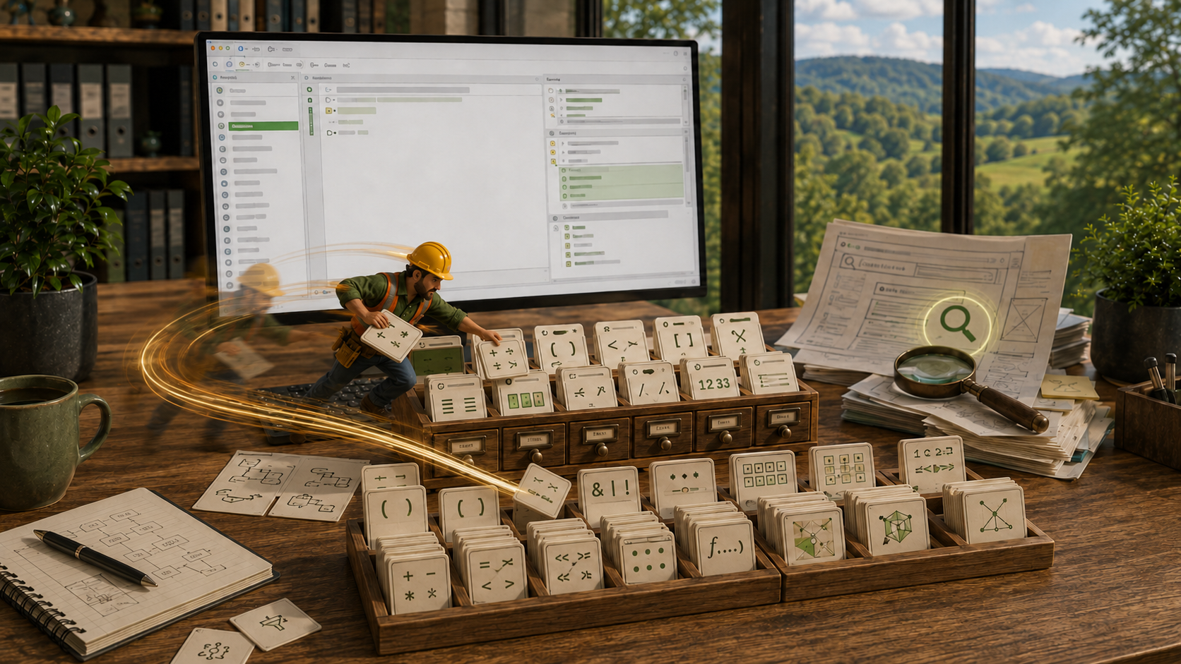 QGIS-Arbeitsplatz mit einem Karteikasten voller Symbolkarten als Sinnbild für eine Bibliothek von Feldrechner-Ausdrücken und SQL
