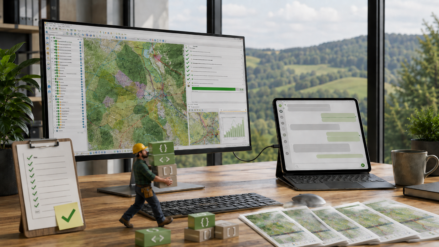QGIS-Monitor per Kabel mit einem Chat-Tablet verbunden, davor Code-Blöcke – Sinnbild für QGIS-Steuerung über das Model Context Protocol mit Claude