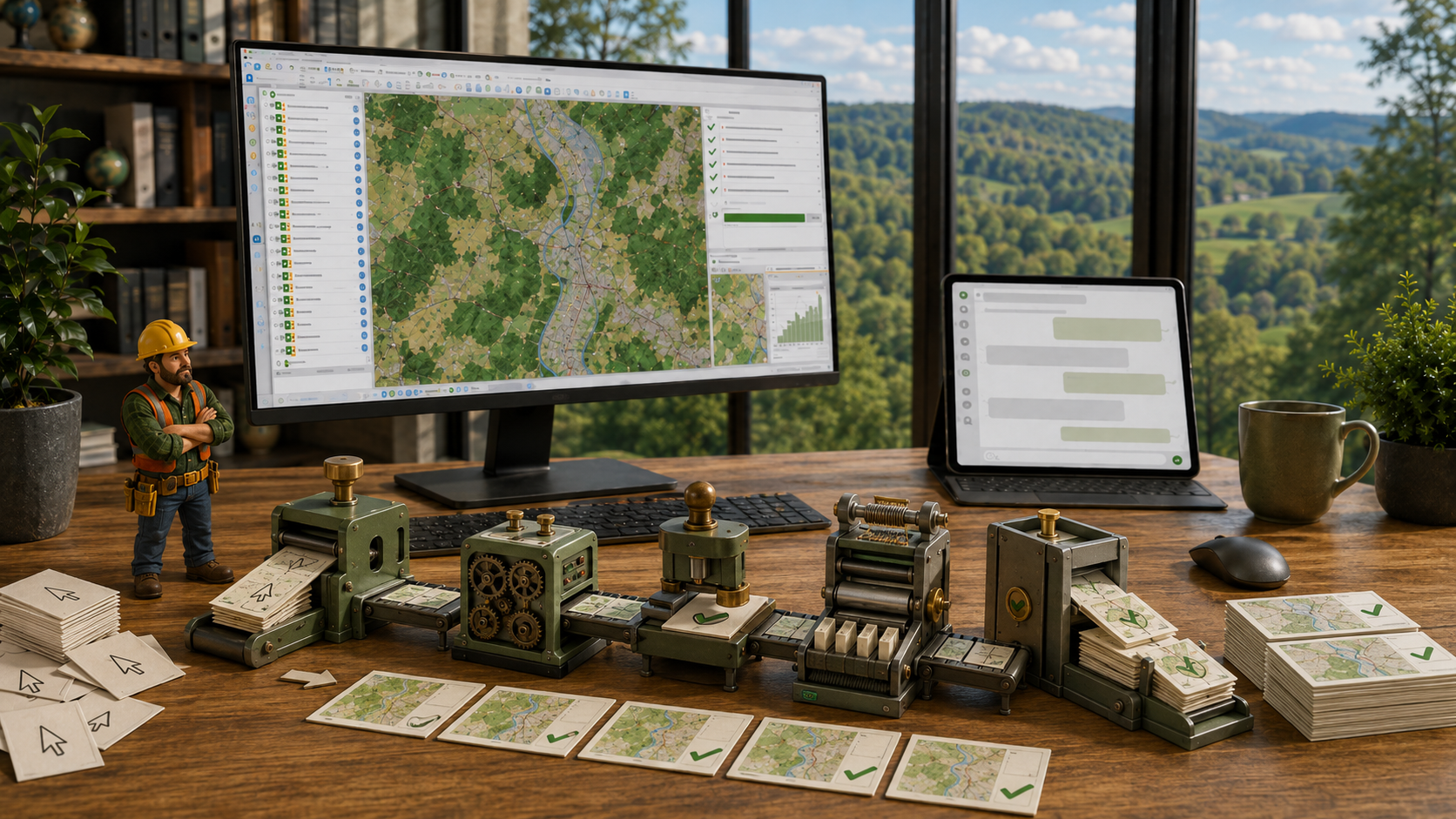 QGIS-Arbeitsplatz mit einer Maschine, die Karten am Fließband verarbeitet, als Sinnbild für automatisierte Routineaufträge mit Python und Plugins