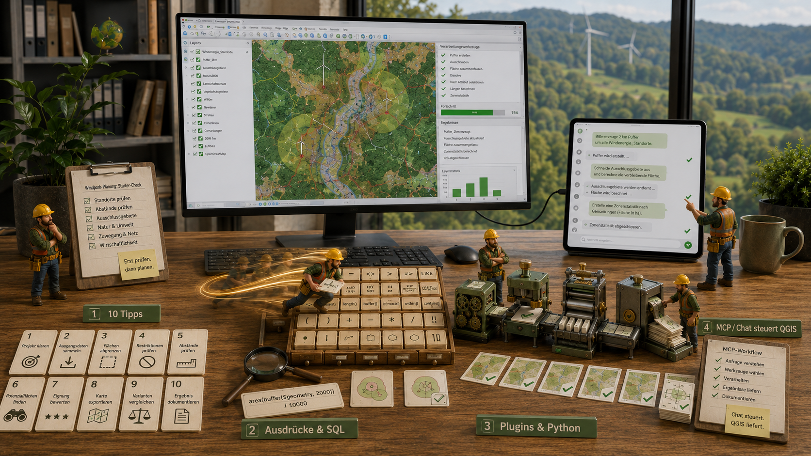 Überblick der Reihe KI in QGIS: GIS-Arbeitsplatz mit Karte, Chat-Tablet und Sinnbildern für die vier Themenbereiche der Serie