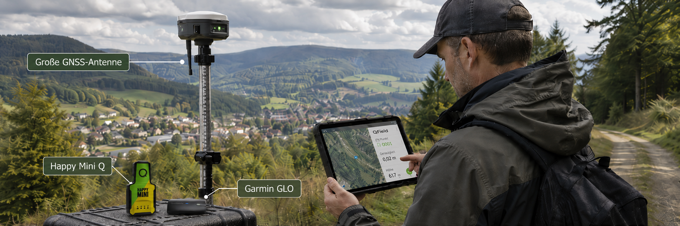 GNSS-Hardware im Gelände – Vermessungsstab, Happy Mini Q, Garmin GLO und Tablet mit QField vor weiter Hügellandschaft