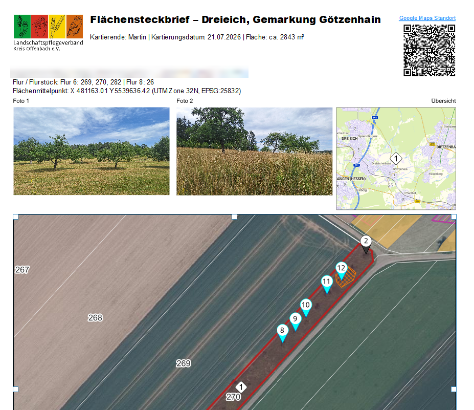 PDF-Steckbrief einer Streuobstfläche aus SOKIS mit Kopfdaten, Fotos, Übersichtskarte und Detailkarte