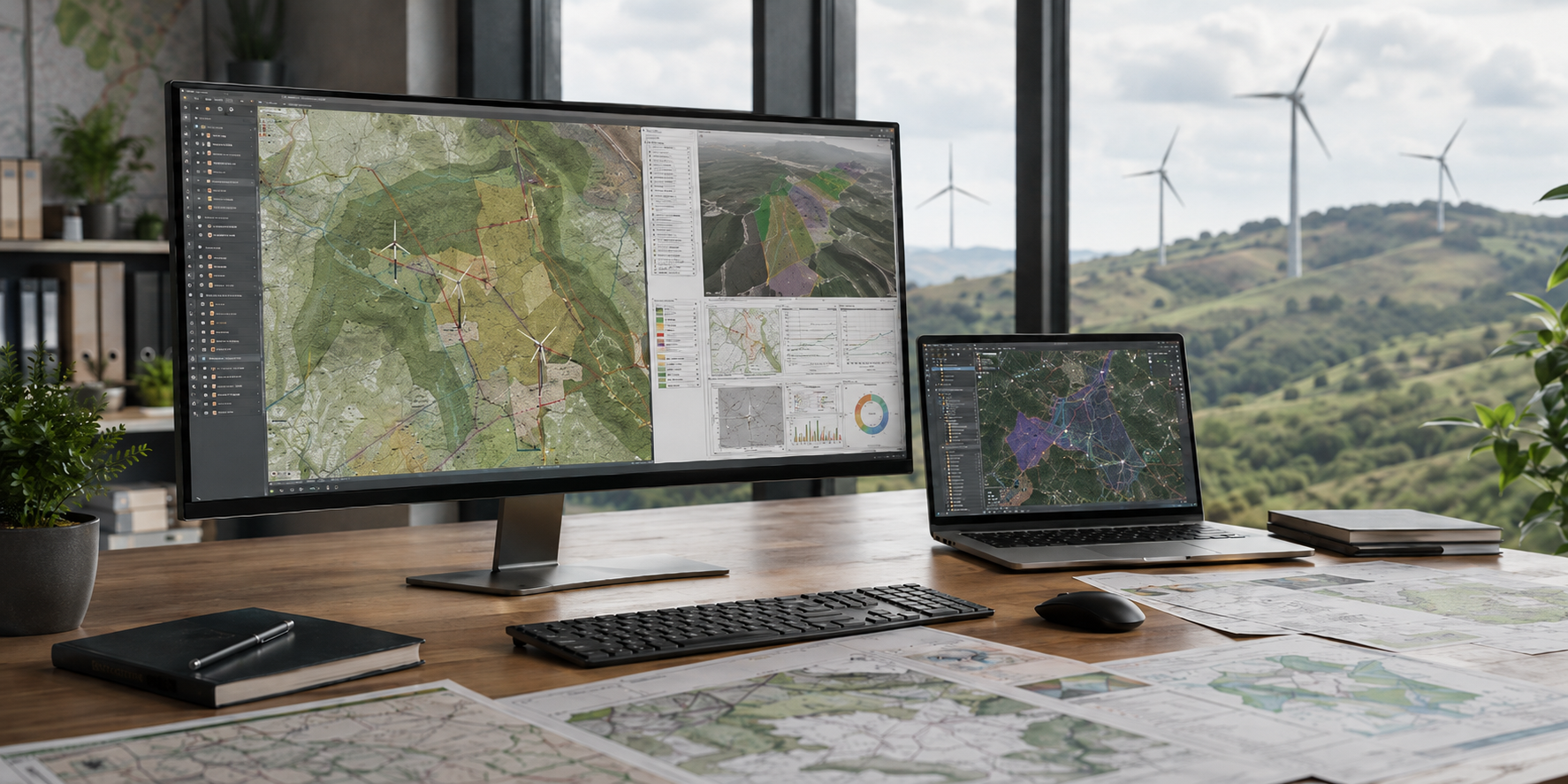 Kartenarbeit für die Windenergieplanung – GIS-Arbeitsplatz mit Karten und Windkraftanlagen im Hintergrund